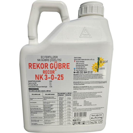 4l Rekor Gübre Recor Nk 3-0-25 ( Ec Fertilizer Nk Gübre Çözeltisi)